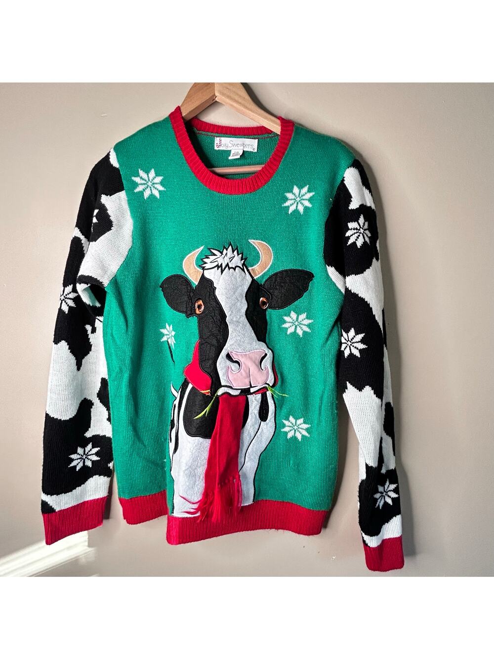 Jolly Sweaters Cow Christmas Sweater Green Black White L/G Holiday Knit
